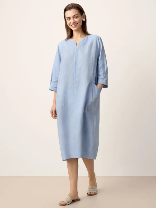 100% Linen Split-Neck Patch-Pocket Midi Dress KALINA made by Lintico