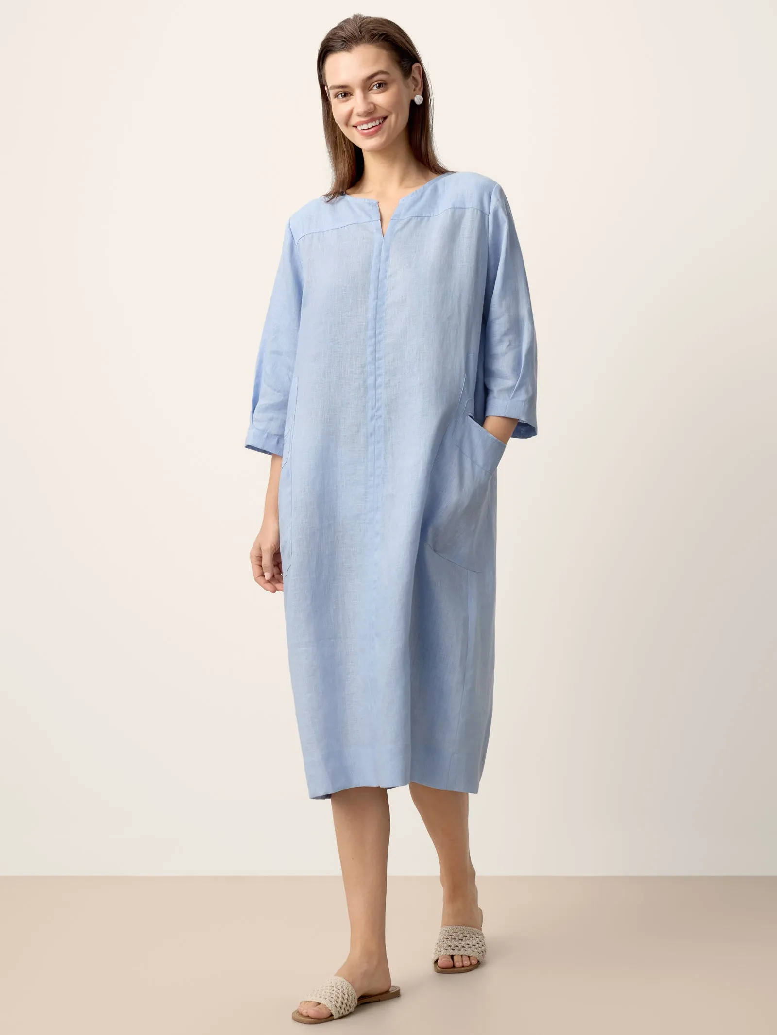 100% Linen Split-Neck Patch-Pocket Midi Dress KALINA sold by Lintico