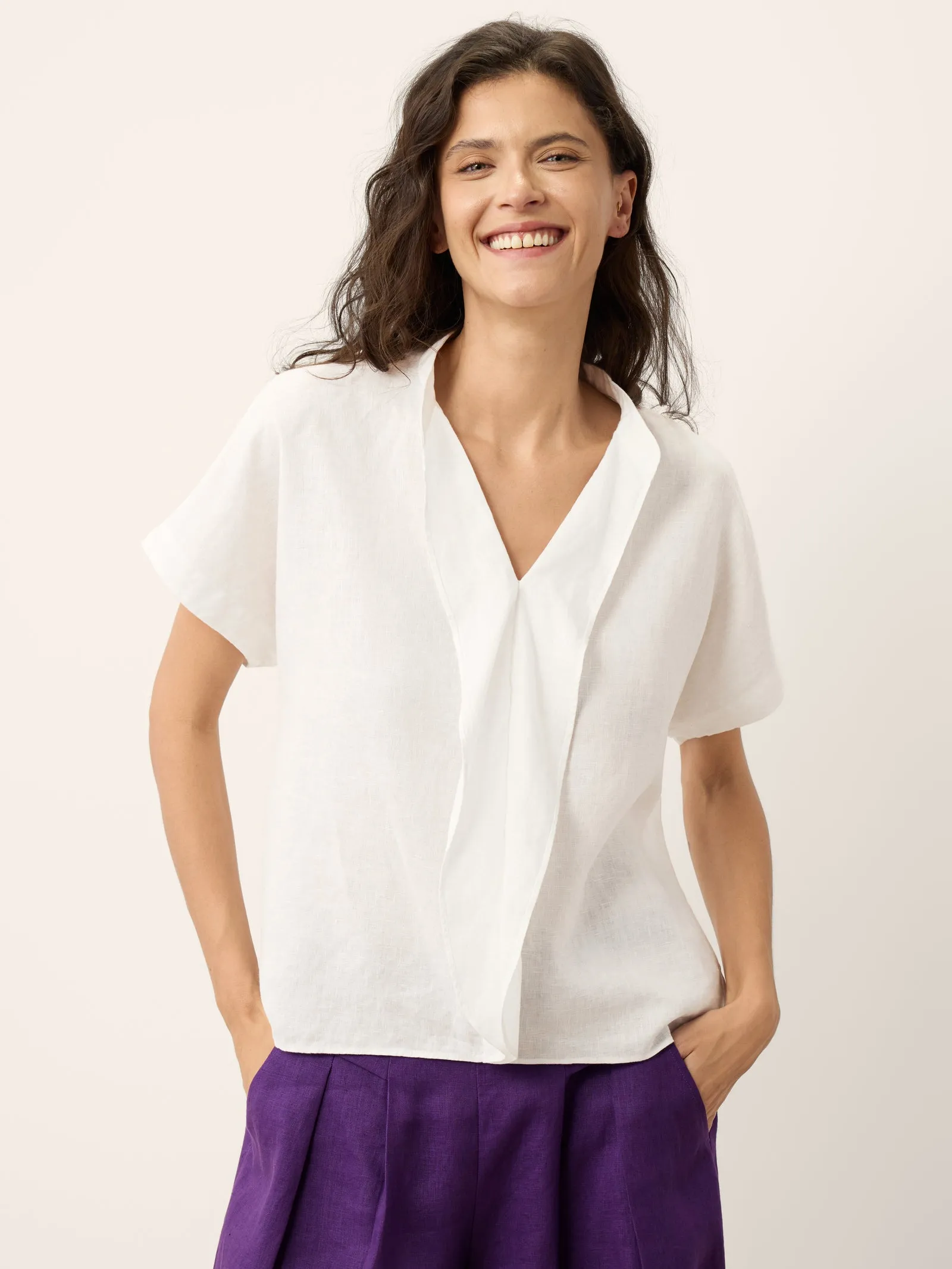 100% Linen Double Ruffle Soft Collar Top VERONICA sold by Lintico