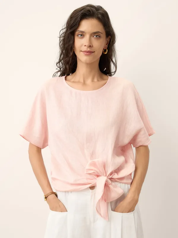 100% Linen Tie Front Drop Shoulder Top PAULA made by Lintico
