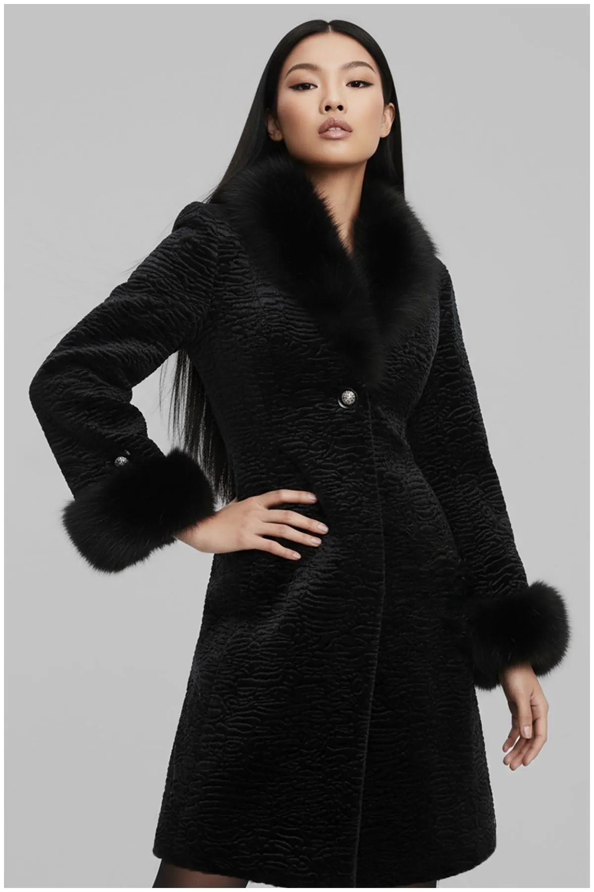 Paula Textured Coat with Faux Fur Collar and Cuffs in Black sold by Luna Fashion House