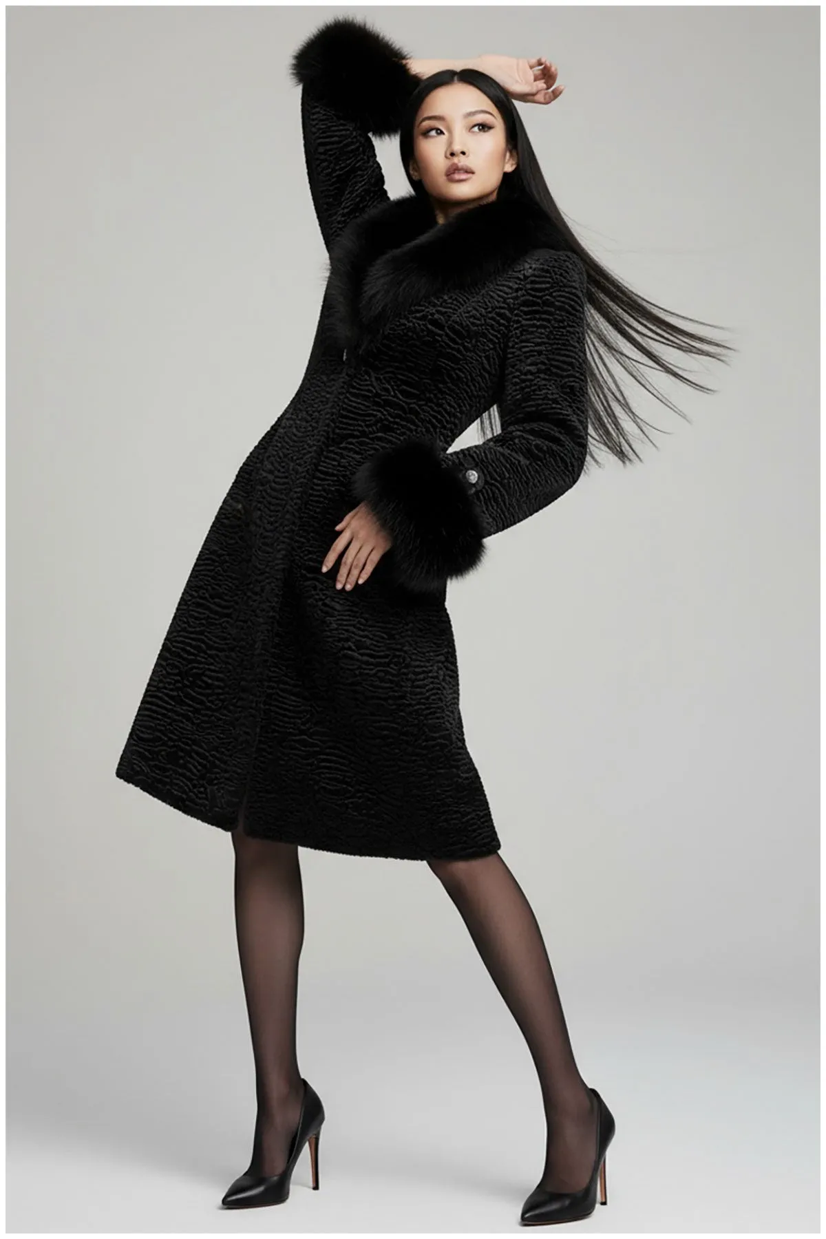 Paula Textured Coat with Faux Fur Collar and Cuffs in Black sold by Luna Fashion House product image thumbnail 3