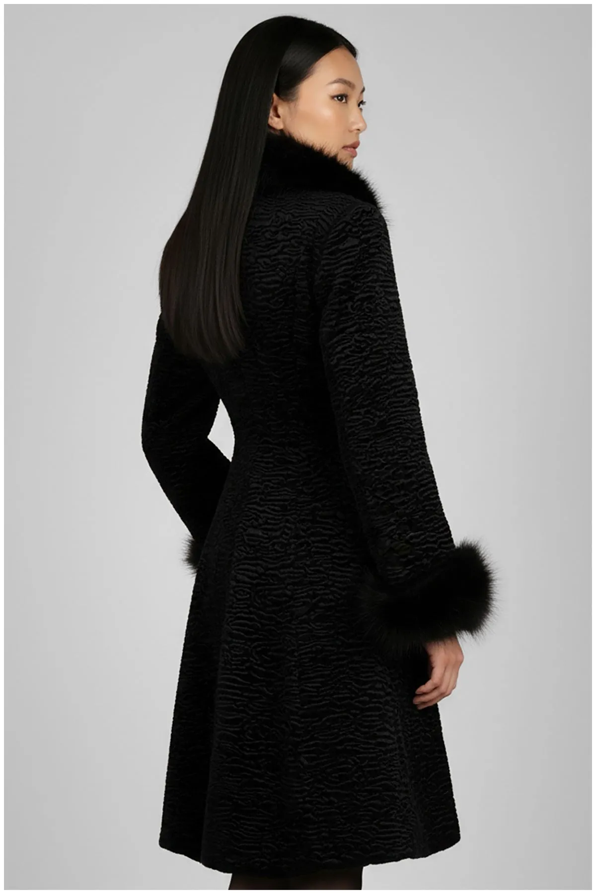 Paula Textured Coat with Faux Fur Collar and Cuffs in Black sold by Luna Fashion House product image thumbnail 2