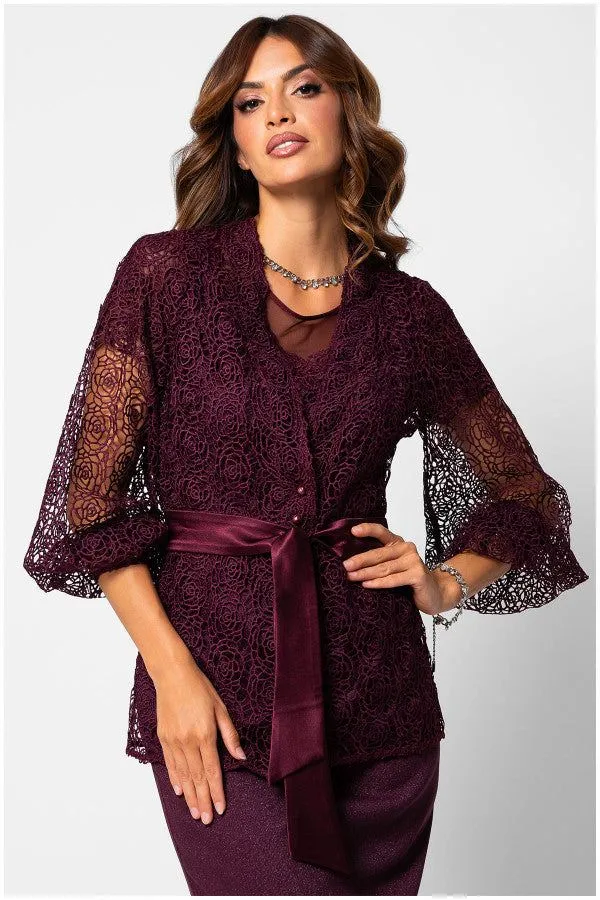 Burgundy Lace Belted Sweater, Jody sold by Luna Fashion House