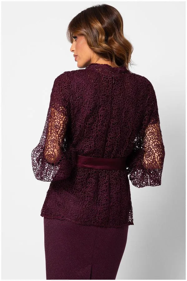 Burgundy Lace Belted Sweater, Jody sold by Luna Fashion House product image thumbnail 2