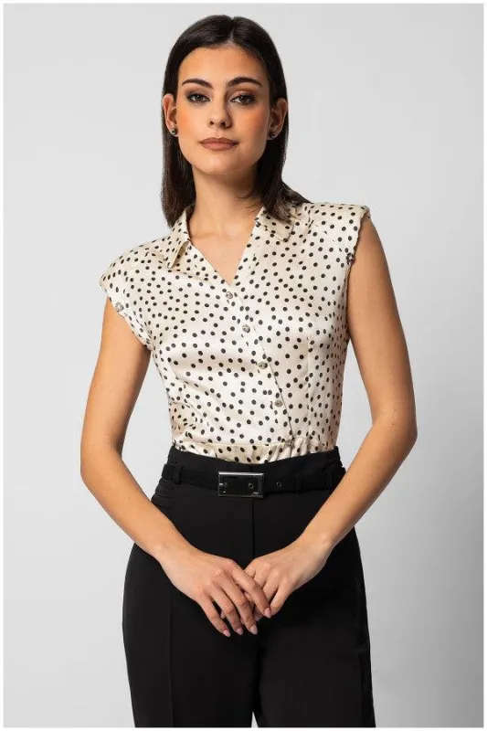 Talia Satin Blouse in White Pokadot sold by Luna Fashion House