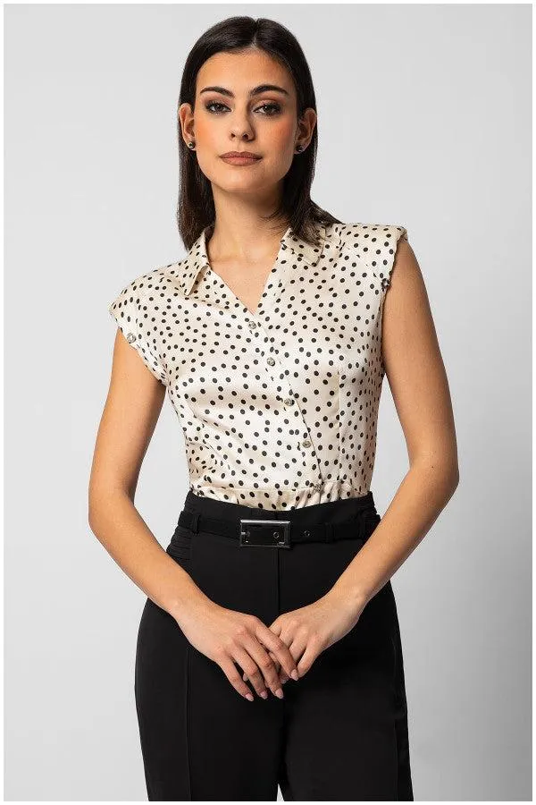 Talia Satin Blouse in White Pokadot sold by Luna Fashion House
