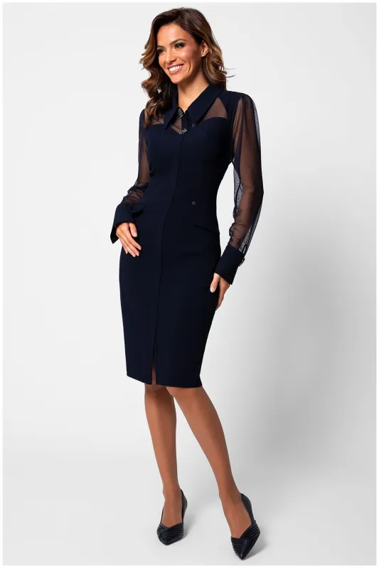 Lucy Illusion Sleeve Sculpted Dress in Midnight Navy sold by Luna Fashion House