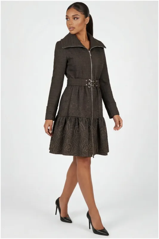 Iris Short Tailored Coat in Brown | Soft Cotton-Blend Tiered-Hem Coat with Zipper and Double-Ring Belt | Luna Fashion House made by Luna Fashion House
