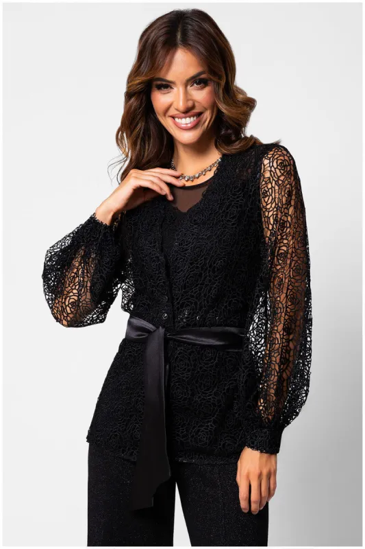 Jody Lace Belted Sweater in Black | Black Knit Sweater with Lace Sleeves and Satin Belt for the Jody Capsule | Luna Fashion House made by Luna Fashion House