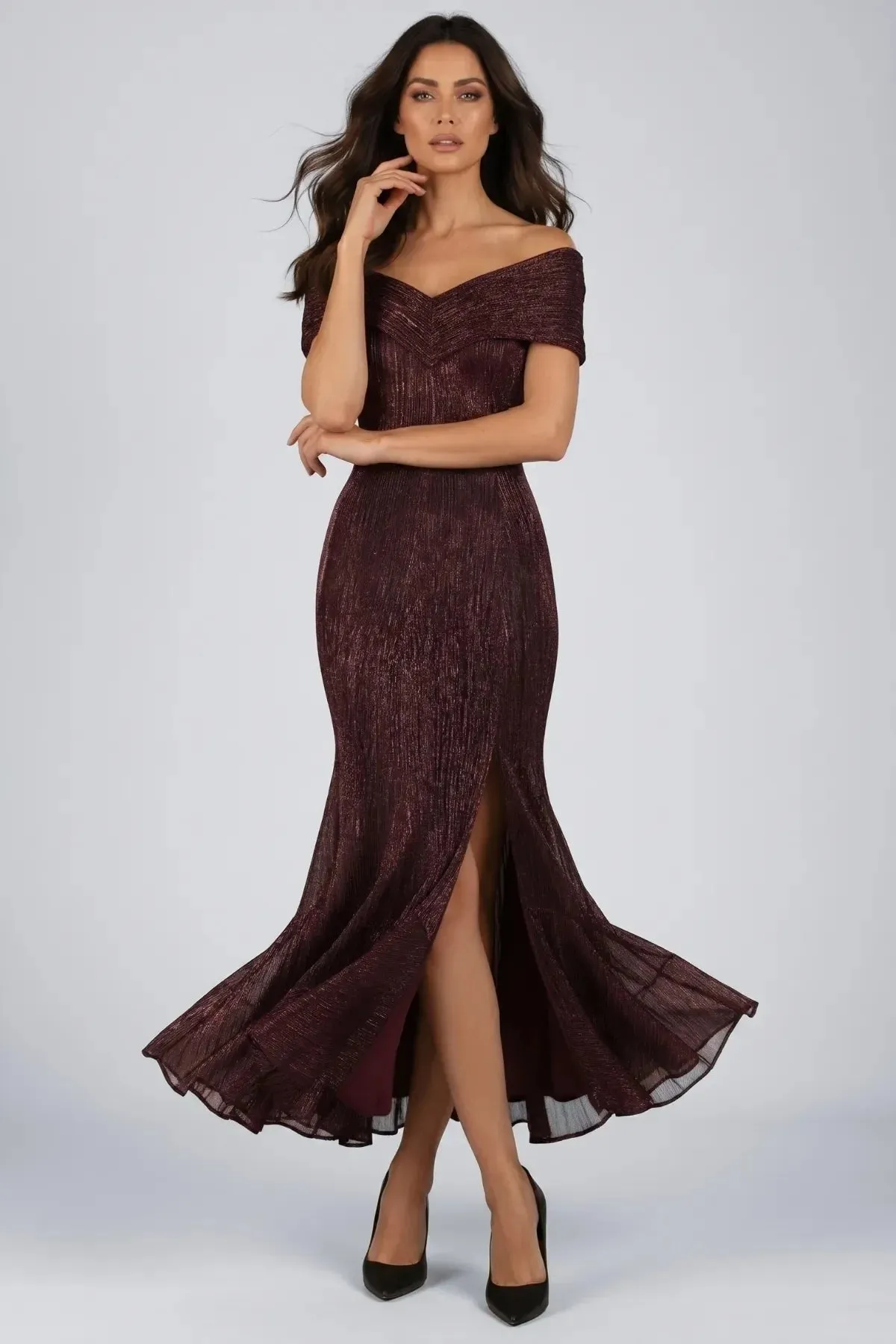 Burgundy Off-Shoulder Metallic Gown, Alis sold by Luna Fashion House