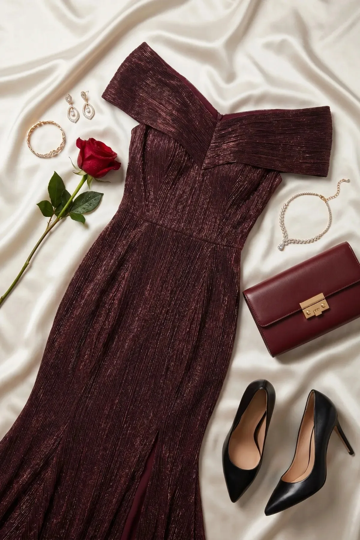 Burgundy Off-Shoulder Metallic Gown, Alis sold by Luna Fashion House product image thumbnail 5