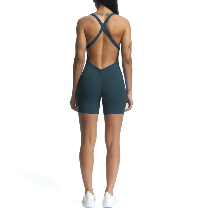 Aoxjox "Brooke"  Open Back Shorts Bodysuit sold by Aoxjox