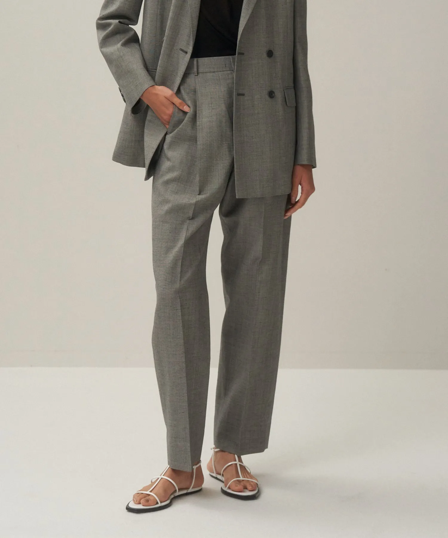 WOOL LINEN SHARKSKIN | TAPERED TUCKED PANTS sold by ATON