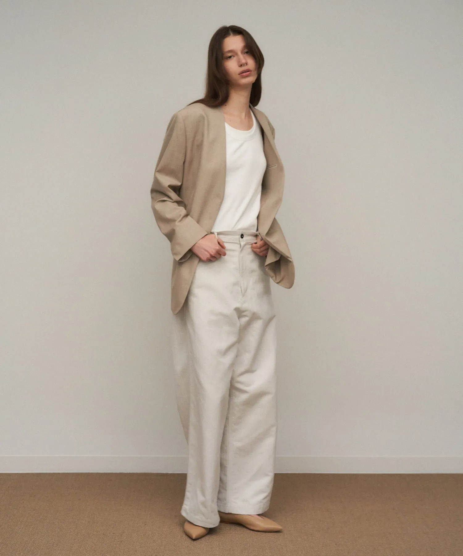 WOOL SILK TWILL | COLLARLESS JACKET sold by ATON