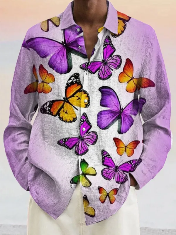 Creative Butterfly Art Graphic Cotton Linen Shirt sold by Coofandy