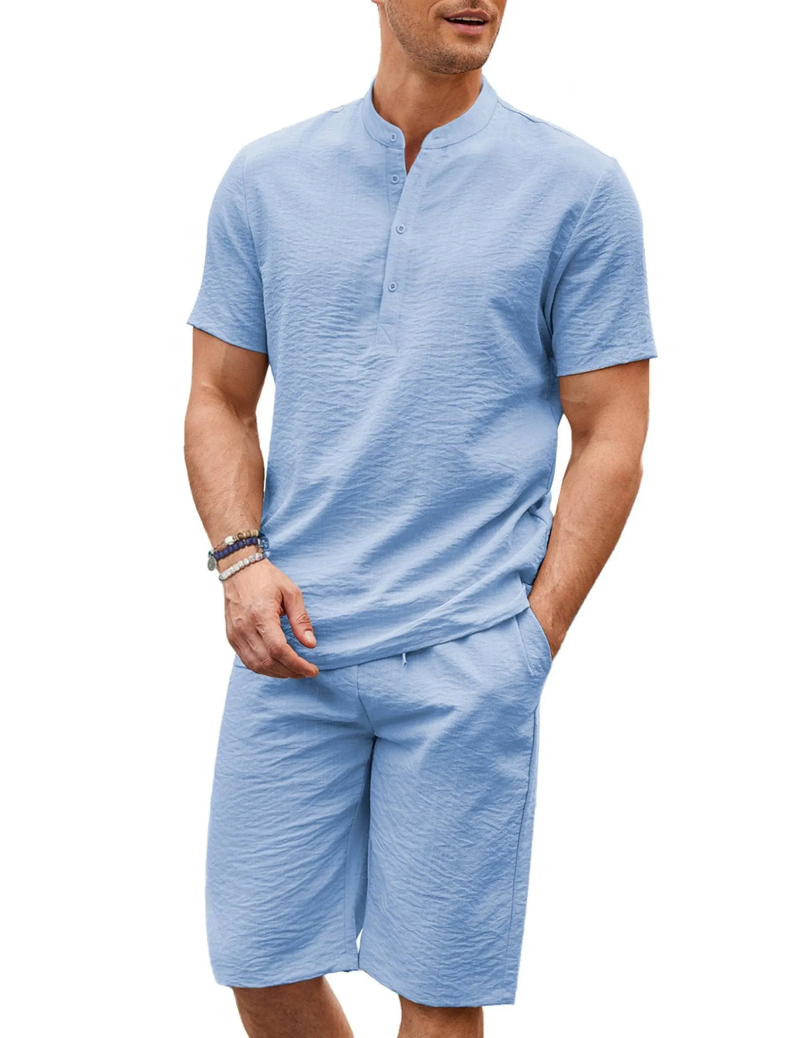 Casual 2 Pieces Cotton Linen Henley Shirt Set (US Only) sold by Coofandy product image thumbnail 5