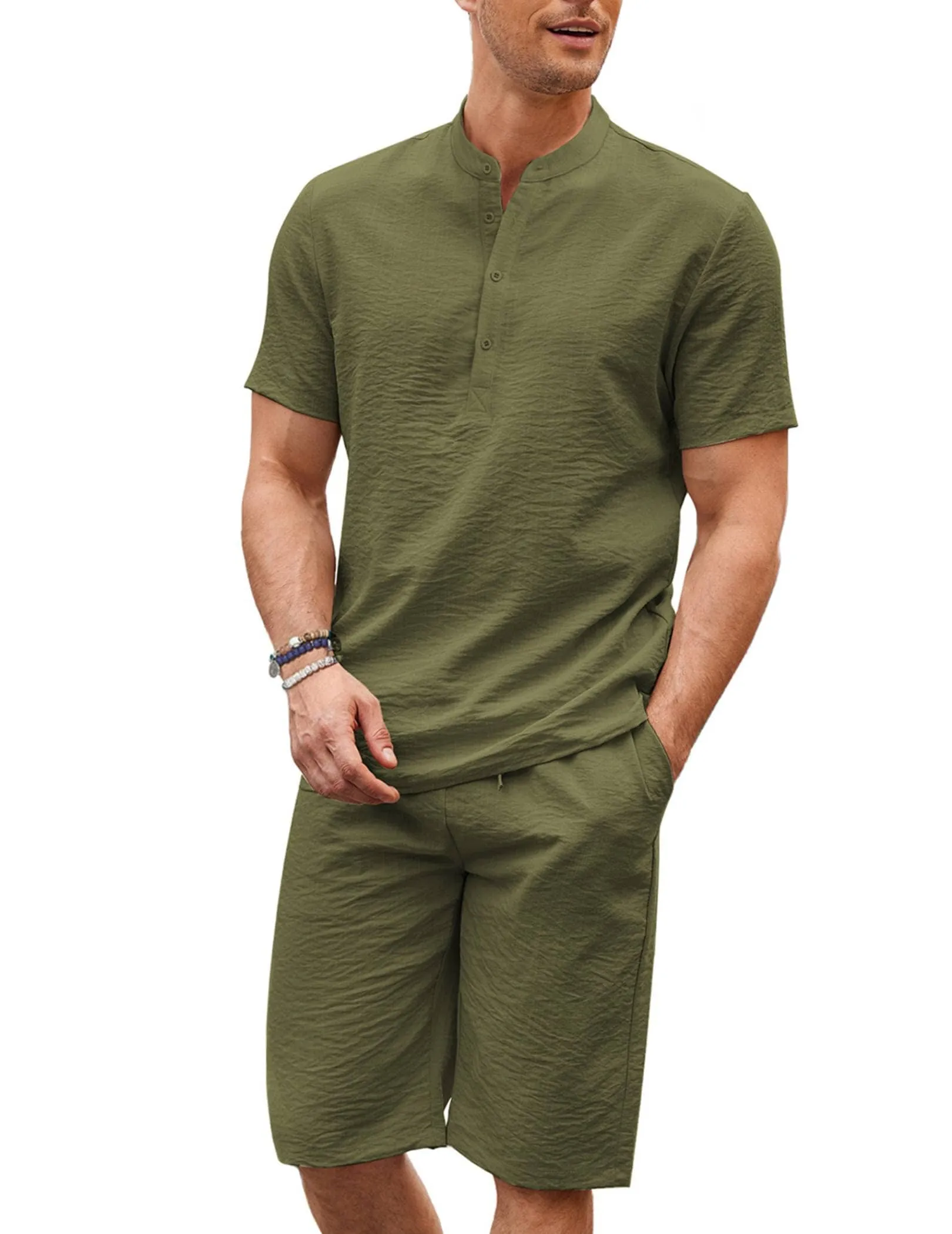 Casual 2 Pieces Cotton Linen Henley Shirt Set (US Only) sold by Coofandy product image thumbnail 2