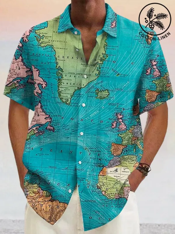 Stylish Map Pattern Cotton Linen Shirt sold by Coofandy