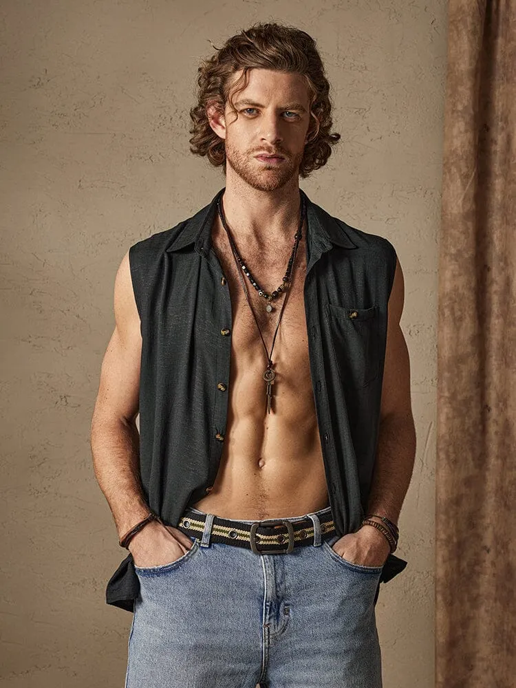 Solid Button Sleeveless Cotton Linen Casual Shirt sold by Coofandy