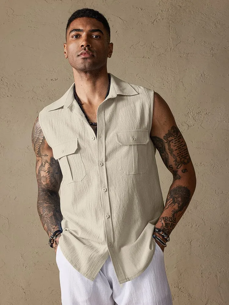 Cotton Linen Sleeveless Button Shirt with Pockets sold by Coofandy product image thumbnail 4