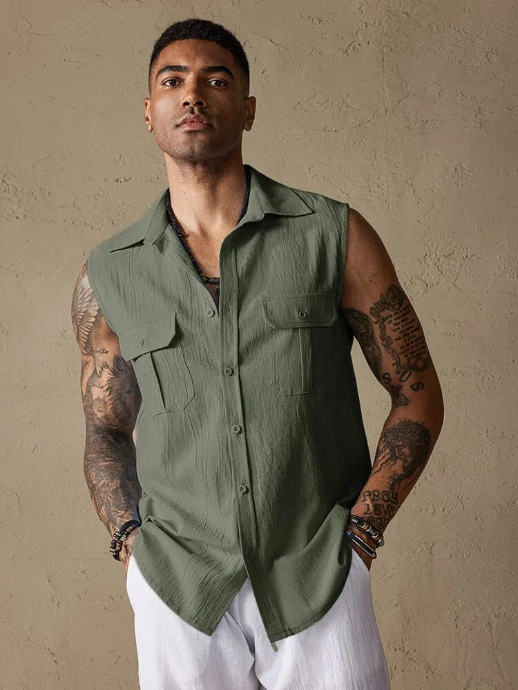 Cotton Linen Sleeveless Button Shirt with Pockets sold by Coofandy product image thumbnail 2