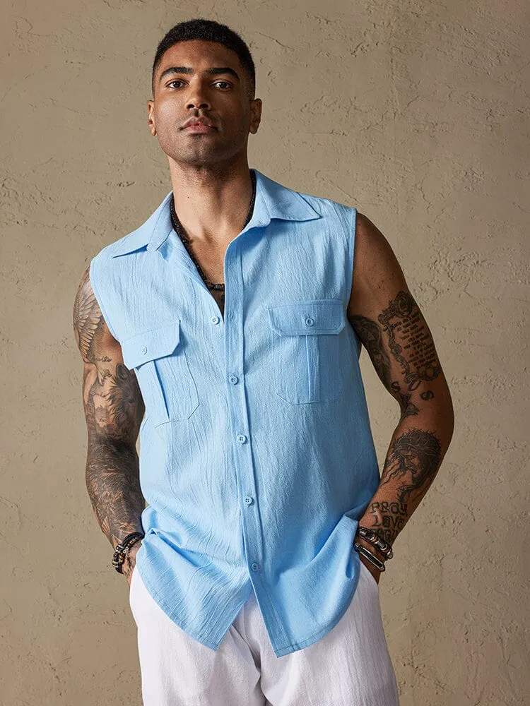 Cotton Linen Sleeveless Button Shirt with Pockets sold by Coofandy