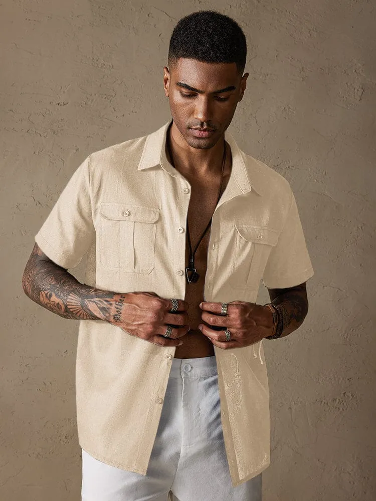 Cotton Linen Solid Color Double Pockets Shirt sold by Coofandy product image thumbnail 5
