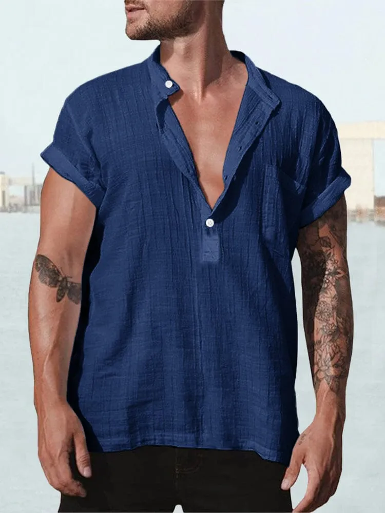 Fashion Cotton Linen Short Sleeve Shirt sold by Coofandy