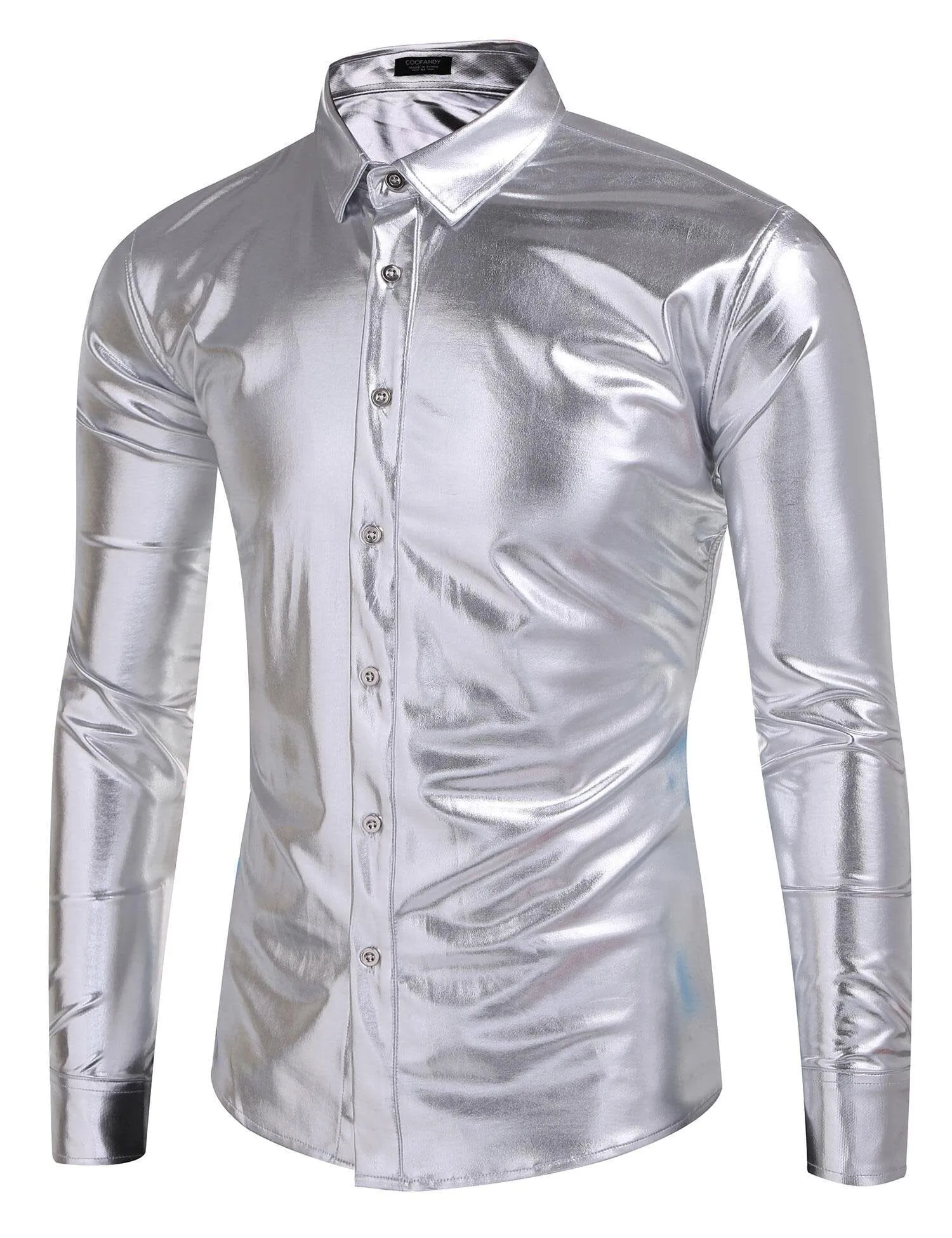 Metallic Disco Shiny Button Nightclub Party Shirt (US Only) sold by Coofandy