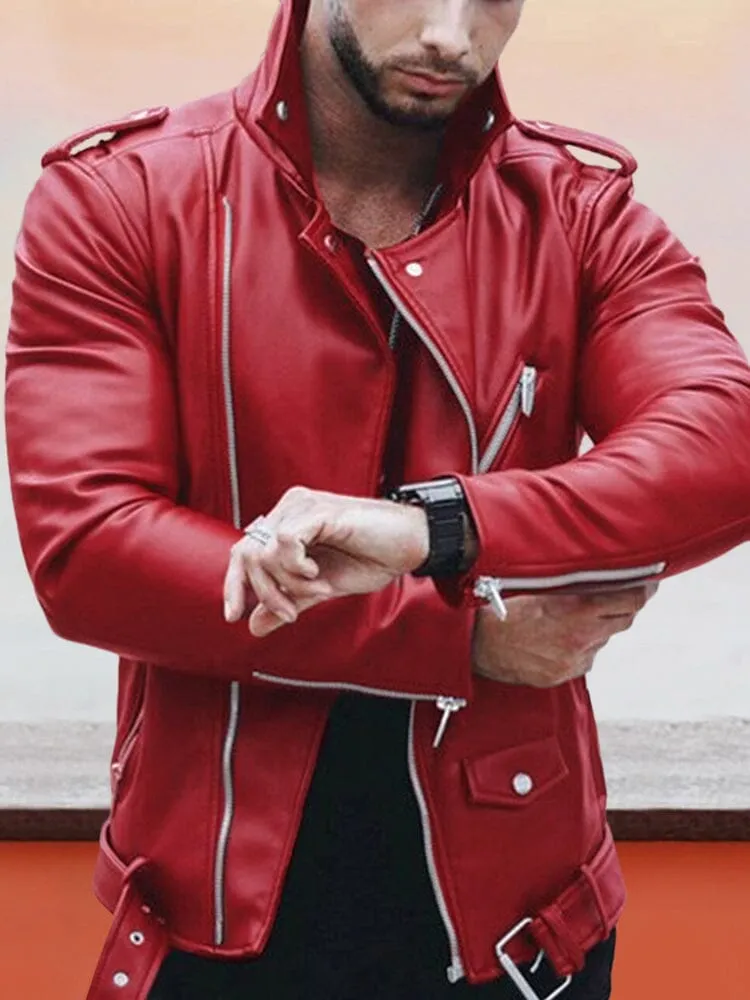 Lapel Zipper Leather Jacket sold by Coofandy