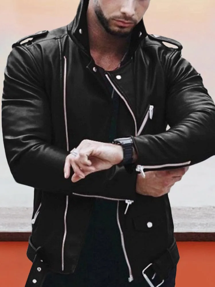 Lapel Zipper Leather Jacket sold by Coofandy product image thumbnail 2