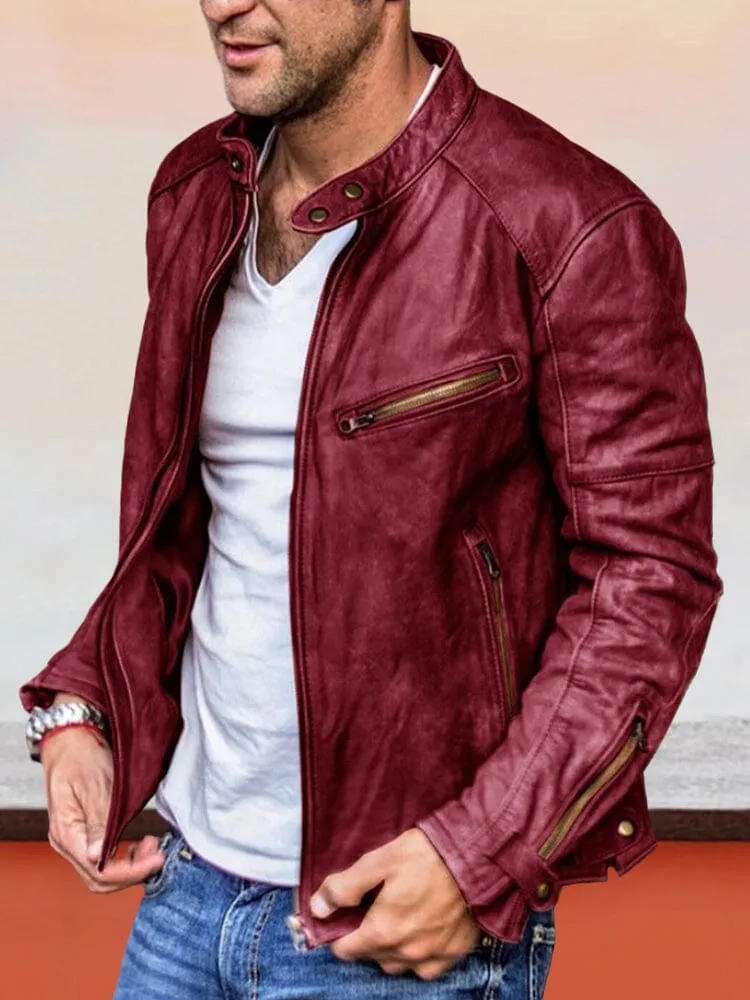 Solid Color Zipper PU Leather Jacket sold by Coofandy product image thumbnail 4