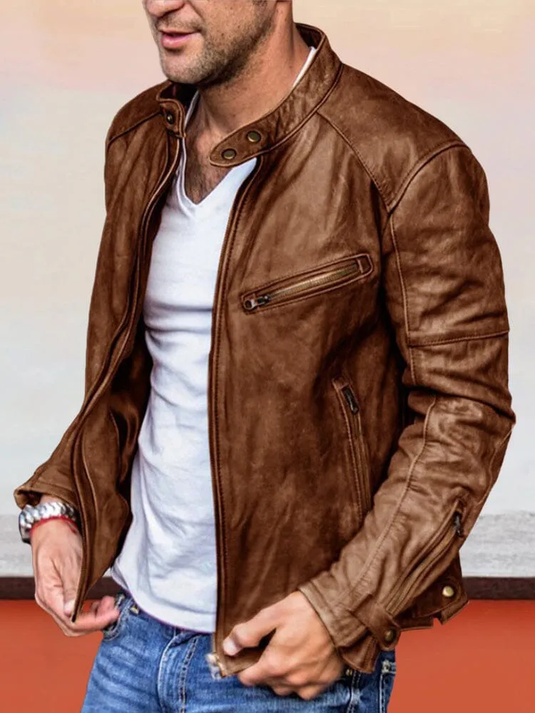 Solid Color Zipper PU Leather Jacket sold by Coofandy