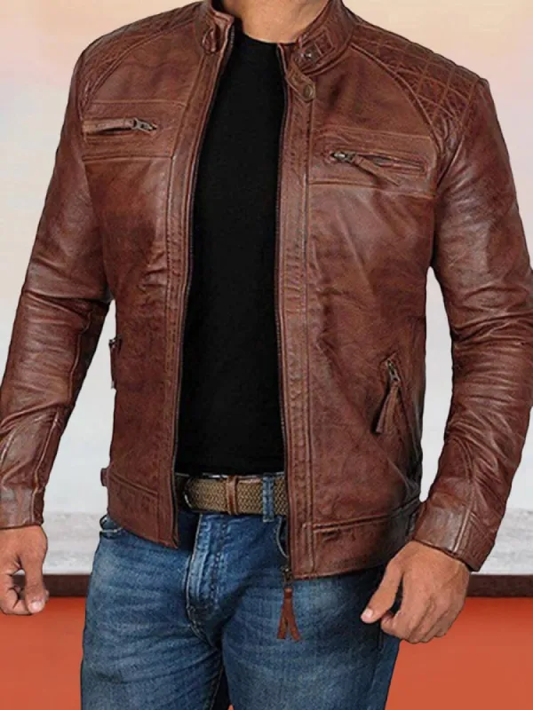 Stand Collar Punk Motorcycle Leather Jacket sold by Coofandy