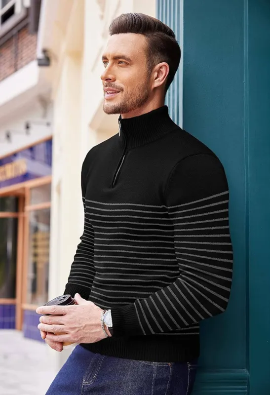 Striped Zip Up Mock Neck Pullover Sweaters (US Only) sold by Coofandy