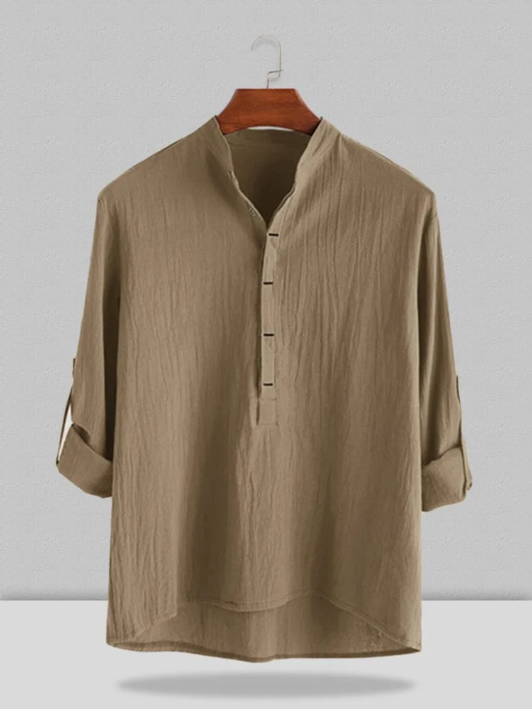 Stand Collar Cotton Linen Style Long Sleeve Shirt sold by Coofandy