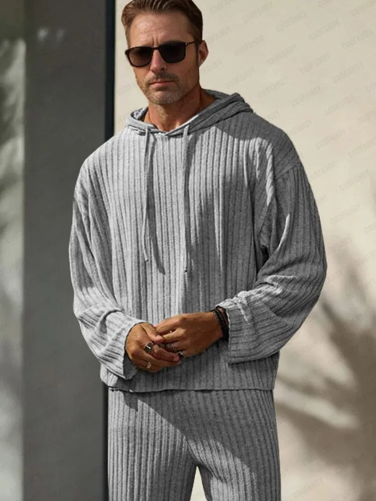 Leisure Pit-stripe Knit Hoodie Set sold by Coofandy product image thumbnail 3