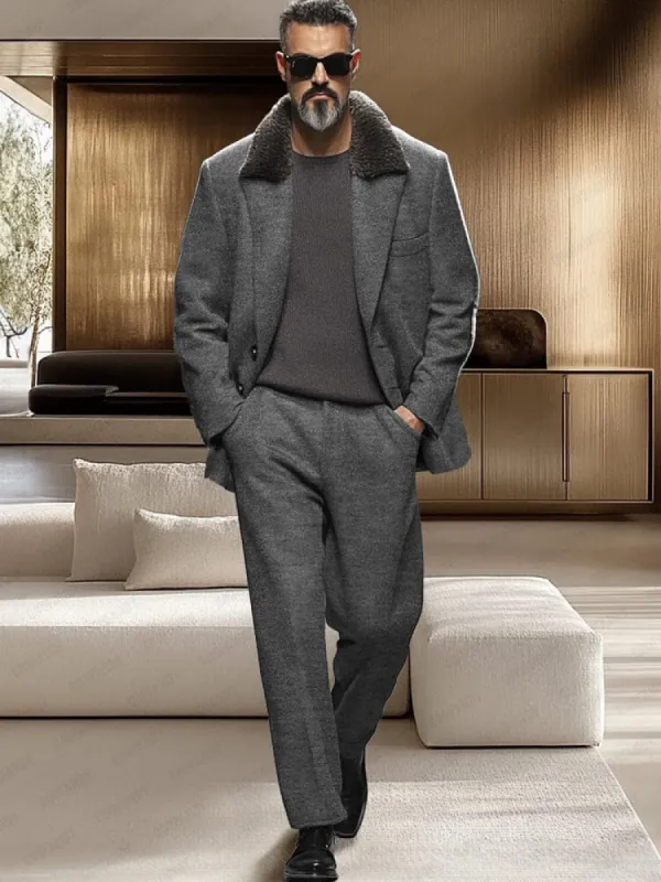 Luxe Faux Fur Collar Suit Jacket Set sold by Coofandy