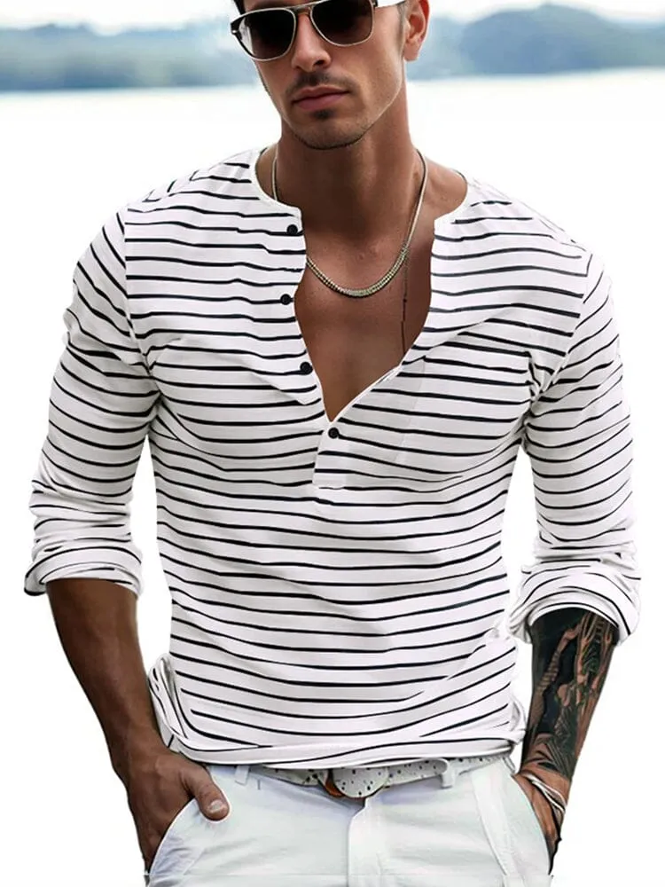 Comfy Basic Stripe Henley Shirt sold by Coofandy