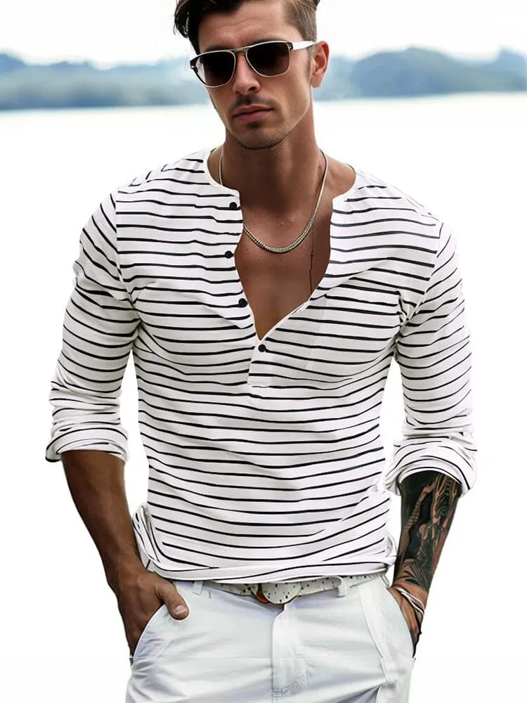 Comfy Basic Stripe Henley Shirt sold by Coofandy product image thumbnail 5