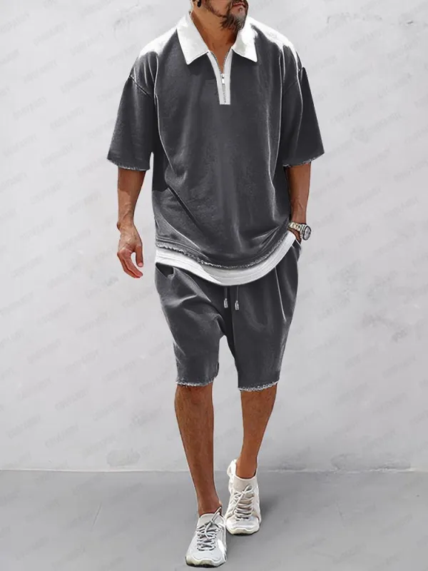 Athleisure Contrast Fake 2-Piece Shirt Set sold by Coofandy