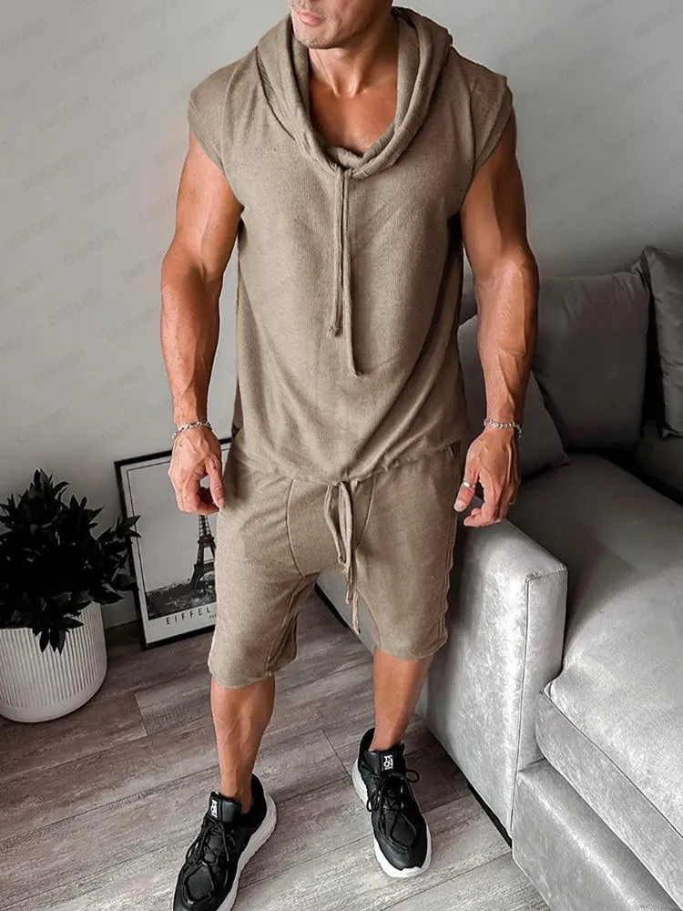 Athleisure Hooded Tank Top Shorts Set sold by Coofandy