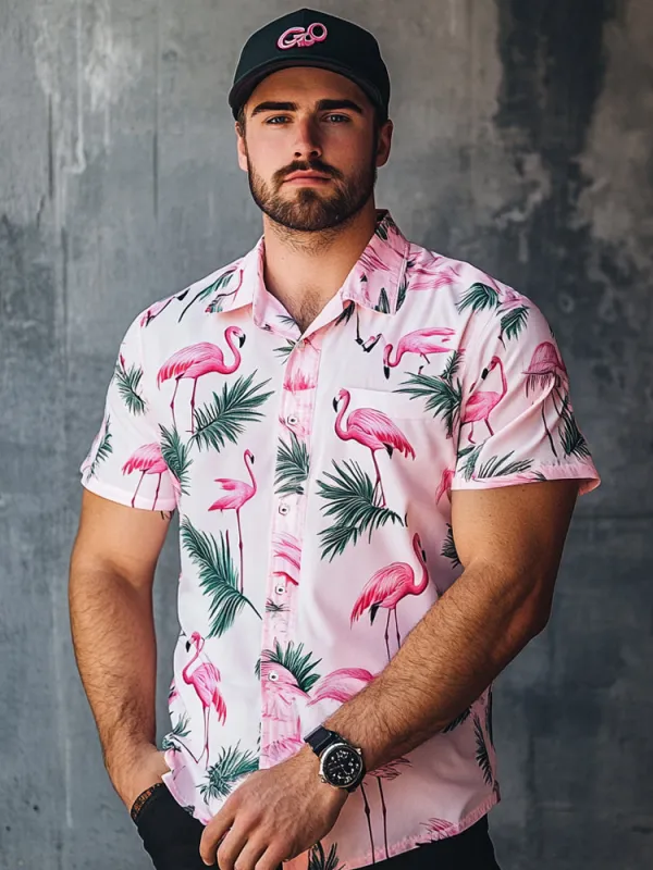 Tropical Flamingos Print Casual Shirt sold by Coofandy