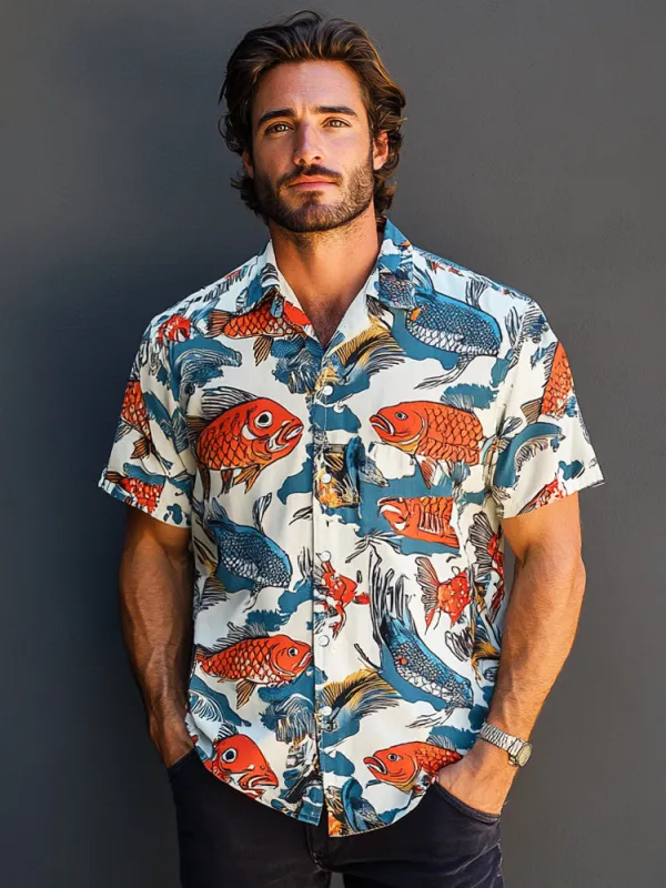 Casual Koi Fish Print Hawaiian Shirt sold by Coofandy