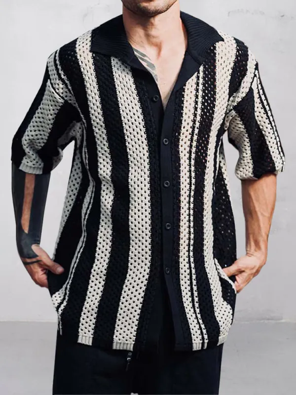 Vertical Stripe Mesh Knitted Shirt sold by Coofandy