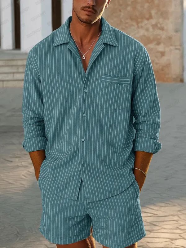 Loose Fit Stripe Cotton Shirt Shorts Set sold by Coofandy