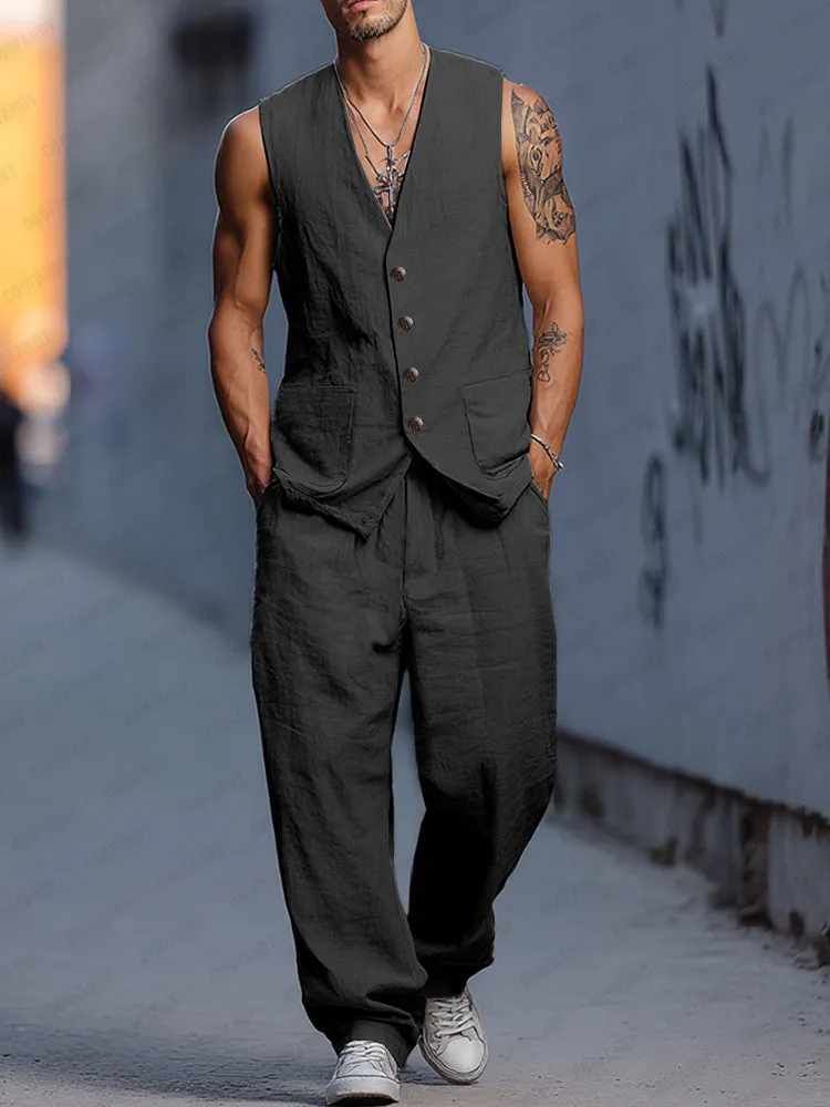 Relaxed Fit Cotton Vest Pants Set sold by Coofandy product image thumbnail 2