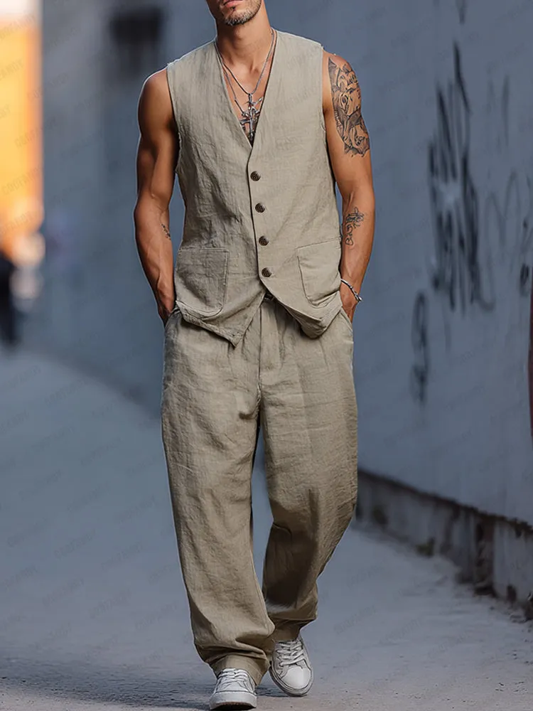 Relaxed Fit Cotton Vest Pants Set sold by Coofandy