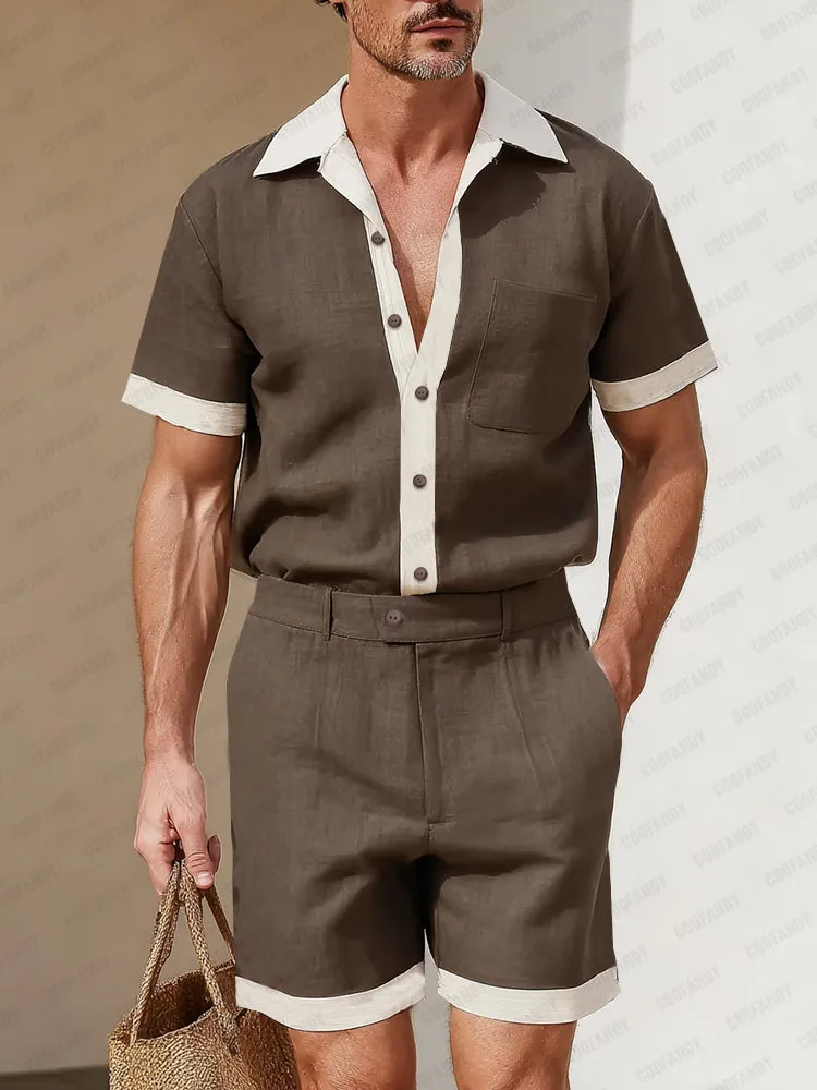 Summer Linen Blend Contrast Casual Set sold by Coofandy